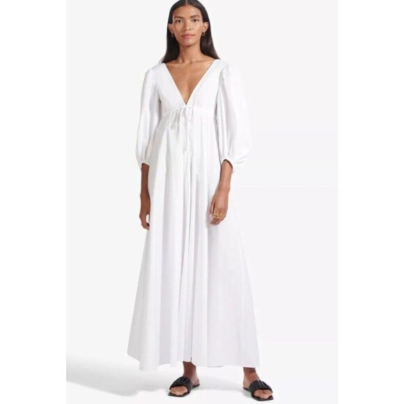 STAUD White V-Neck Maxi Dress with Puff Sleeves - Picture 2 of 15